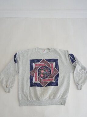 Vintage Jerzees Grey Floral Patchwork Quilt Panel Crewneck Flowers Sweatshirt 2X